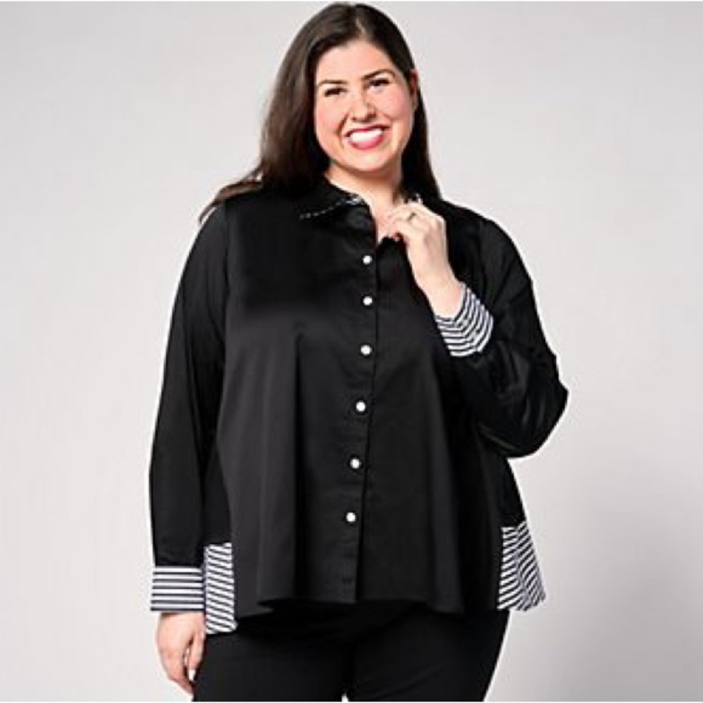 Attitudes by Renee Black Button-Down Shirt with Striped Cuffs 2X